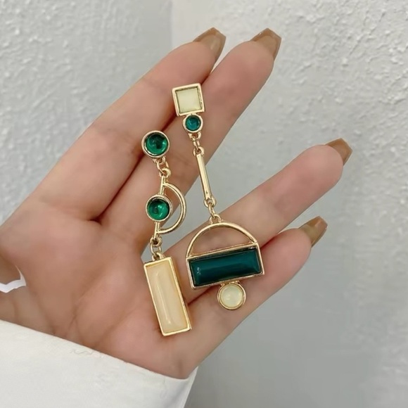 Anthropologie Gold and Green Asymmetrical Geometric Earrings - Picture 5 of 11